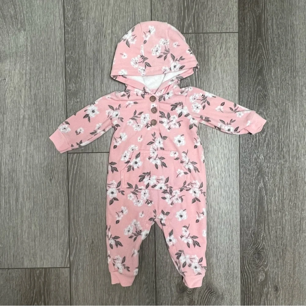 CARTERS HOODED FLEECE JUMPSUIT PINK FLORAL 6MO